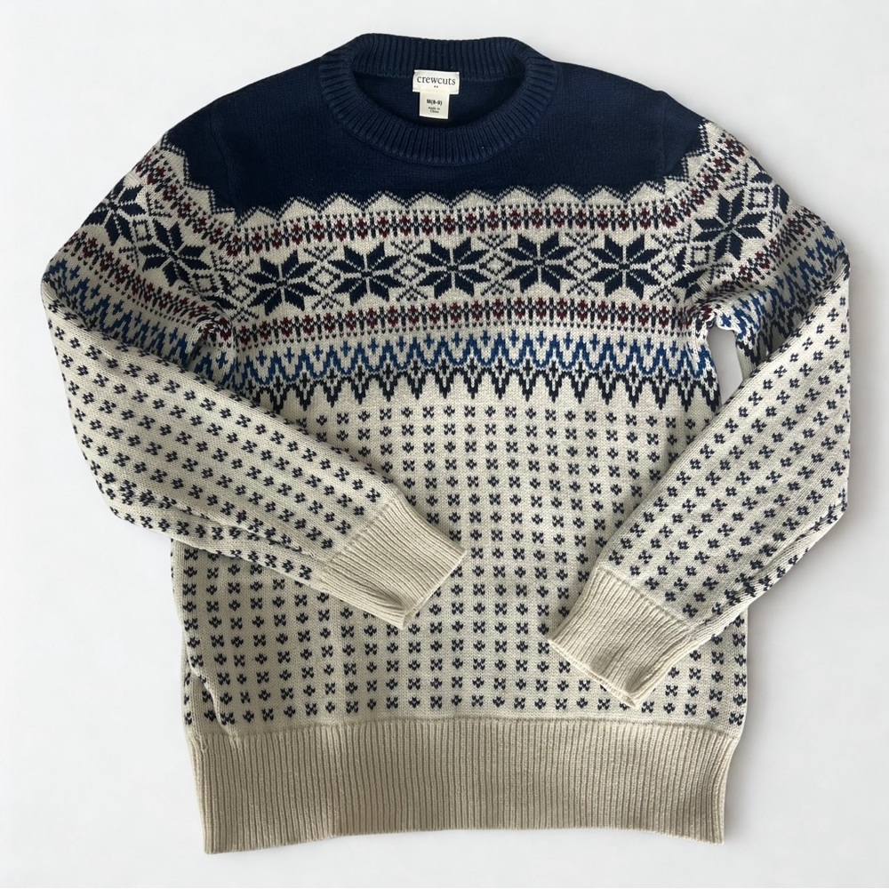 Crewcuts Boys Blue & Cream Crewneck Sweater Fair Isle Nordic Pattern Sz M (8-9)